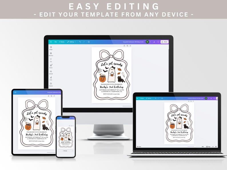 May include: A Halloween-themed invitation design displayed on various digital devices. The invitation features a black and white illustration with the text "Let's get spooky" and details for Hailey's 3rd birthday.