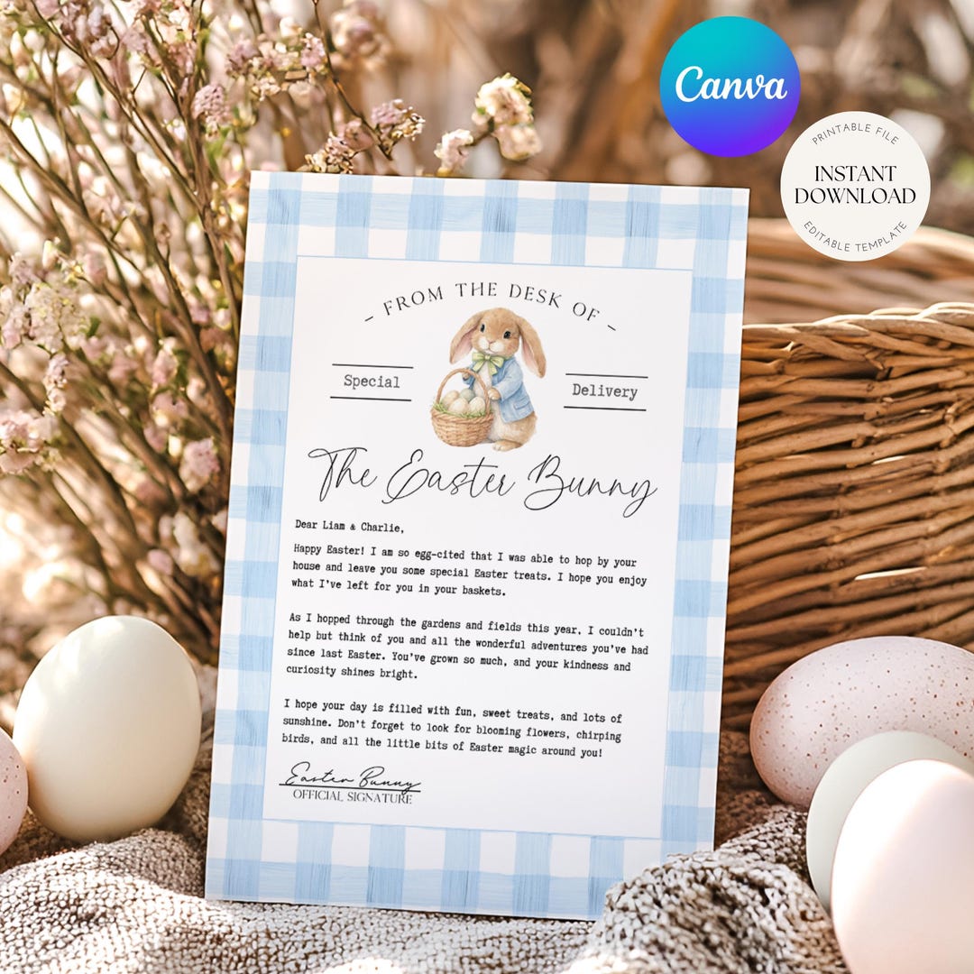 Printable Easter Bunny Letter, Blue Gingham, Instant Download, Editable ...