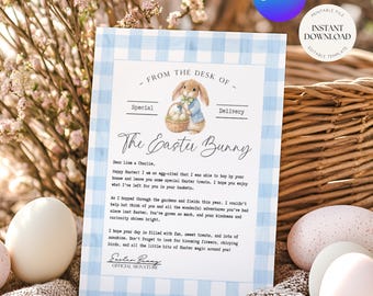 Printable Easter Bunny Letter, Blue Gingham, Instant Download, Editable Template, (5x7" & 8.5x11")