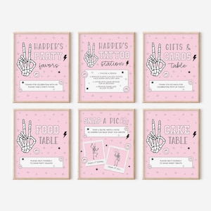 Pode incluir: Seis sinais de festa rosa emoldurados com texto e ilustrações pretas. Os sinais dizem "Harper's Party Favors", "Harper's Tattoo Station", "Gifts & Cards Table", "Food Table", "Snap a Pic" e "Cake Table". Cada sinal tem uma mão de esqueleto.
