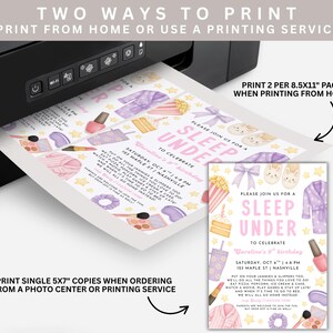 May include: A black printer printing a sleepover party invitation. The invitation features watercolor illustrations of pajamas, nail polish, popcorn, and other sleepover-themed items. The text reads "Sleep Under" and includes party details.
