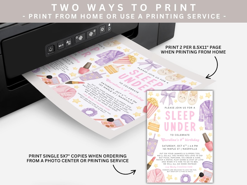May include: A black printer printing a sleepover party invitation. The invitation features watercolor illustrations of pajamas, nail polish, popcorn, and other sleepover-themed items. The text reads "Sleep Under" and includes party details.