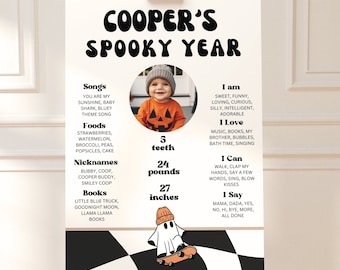 Pôster de marco de aniversário de Halloween, assustador um, dois assustadores, marco de Halloween, placa de marco, sinal de primeiro aniversário, editável, A144