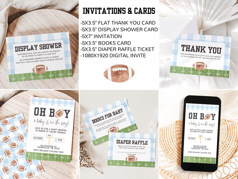 May include: A collection of baby shower invitations and cards with a football theme. The designs include a display shower card, thank you card, and diaper raffle ticket. The color scheme is blue, green, and brown.