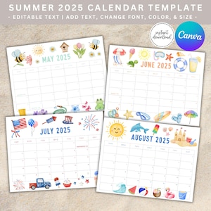 Druckbarer Kinder-Sommerkalender 2025, Kinder-Monatsplaner, druckbarer Kalender, Kinderkalender, Kalendervorlage, Sommerzeitplaner