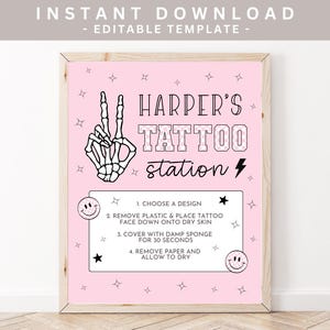 May include: A framed pink sign with the text "HARPER'S TATTOO STATION" and instructions for temporary tattoos. The sign includes a skeleton hand making a peace sign and decorative stars and smiley faces.