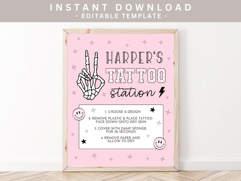 May include: A framed pink sign with the text "HARPER'S TATTOO STATION" and instructions for temporary tattoos. The sign includes a skeleton hand making a peace sign and decorative stars and smiley faces.