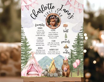 Könnte beinhalten: Ein Aquarell-Stil-Geburtstags-Chart für ein Mädchen namens Charlotte Jane. Das Chart zeigt ein Foto des Kindes, eine Liste ihrer Lieblingslieder, Lebensmittel, Bücher und Aktivitäten sowie ihre Größe und ihr Gewicht. Das Chart ist mit einem Waldthema dekoriert, einschließlich Bäumen, einem Lagerfeuer und einem Bären.