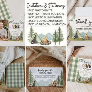 May include: A set of printable invitations and thank you cards for a first birthday party with a woodland camping theme. The cards feature a green and white gingham pattern, a watercolour illustration of a campfire, a tent, and a bear, and the text "Wyly is One Happy Camper".