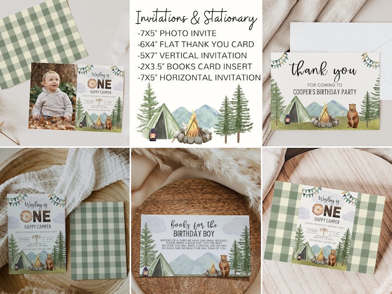 May include: A set of printable invitations and thank you cards for a first birthday party with a woodland camping theme. The cards feature a green and white gingham pattern, a watercolour illustration of a campfire, a tent, and a bear, and the text "Wyly is One Happy Camper".