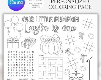 Little Pumpkin Birthday Coloring Page, Pumpkin Birthday, Pumpkin Coloring Placemat, First Birthday, Fall Birthday, Our Little Pumpkin, A170