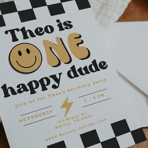 One Happy Dude 1st Birthday Invitation Boy First Birthday Happy Dude Birthday Editable Invitation Smiley Face Invite A104 image 2