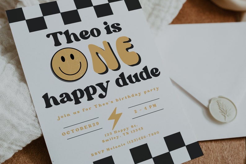 One Happy Dude 1st Birthday Invitation Boy First Birthday Happy Dude Birthday Editable Invitation Smiley Face Invite A104 image 2