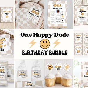 Tan One Happy Dude Birthday Party Bundle, Boy First Birthday, Happy Dude Birthday, Smiley Face Birthday, 1st Birthday Bundle,  A113