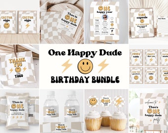 Tan One Happy Dude Birthday Party Bundle, Boy First Birthday, Happy Dude Birthday, Smiley Face Birthday, 1st Birthday Bundle,  A113