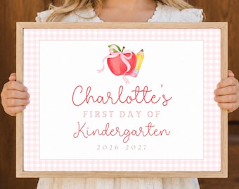 Pink Gingham First Day of Kindergarten Sign Template, Editable First Day of School Sign, Back to School Photo Prop 2026-2027, A196