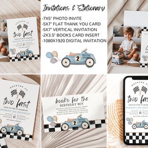 May include: A set of printable invitations for a second birthday party with a race car theme. The invitations feature a blue race car with a checkered flag and balloons. The text on the invitations reads "Growing Up Two Fast" and "Race on over to celebrate Hudson's 2nd Birthday".