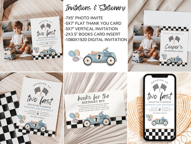 May include: A set of printable invitations for a second birthday party with a race car theme. The invitations feature a blue race car with a checkered flag and balloons. The text on the invitations reads "Growing Up Two Fast" and "Race on over to celebrate Hudson's 2nd Birthday".