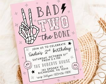 Bad Two The Bone Birthday Invitation, Second Birthday, Bad To The Bone, 2nd Birthday, Bad 2 The Bone, Halloween Birthday, Editable, A171