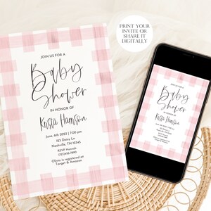 May include: Pink and white gingham baby shower invitation with the text "Join us for a Baby Shower in honor of Krista Hamson" and details for the event. The invitation is displayed on a phone screen and a printed copy.