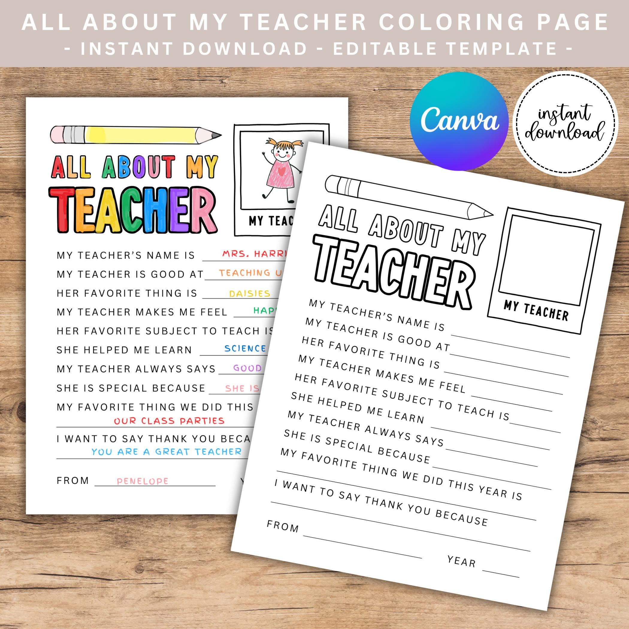 All About My Teacher Printable Coloring Page, Teacher Gift, Teacher ...