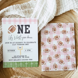 First Year Down Football Invitation, First Birthday Girl, Football Party, Football Birthday, Sports Invite, Girl First Birthday, A151