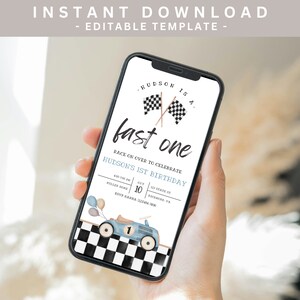May include: A digital invitation for a first birthday party with a race car theme. The invitation features a blue race car with a checkered flag background and the text "Hudson is a fast one".