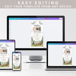 May include: Editable digital invitation for a first birthday party with a woodland camping theme. The invitation features a brown bear, a tent, and a campfire with the text "Wesley is One Happy Camper".