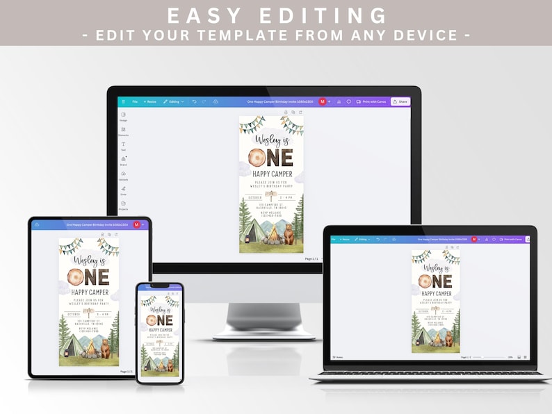 May include: Editable digital invitation for a first birthday party with a woodland camping theme. The invitation features a brown bear, a tent, and a campfire with the text "Wesley is One Happy Camper".