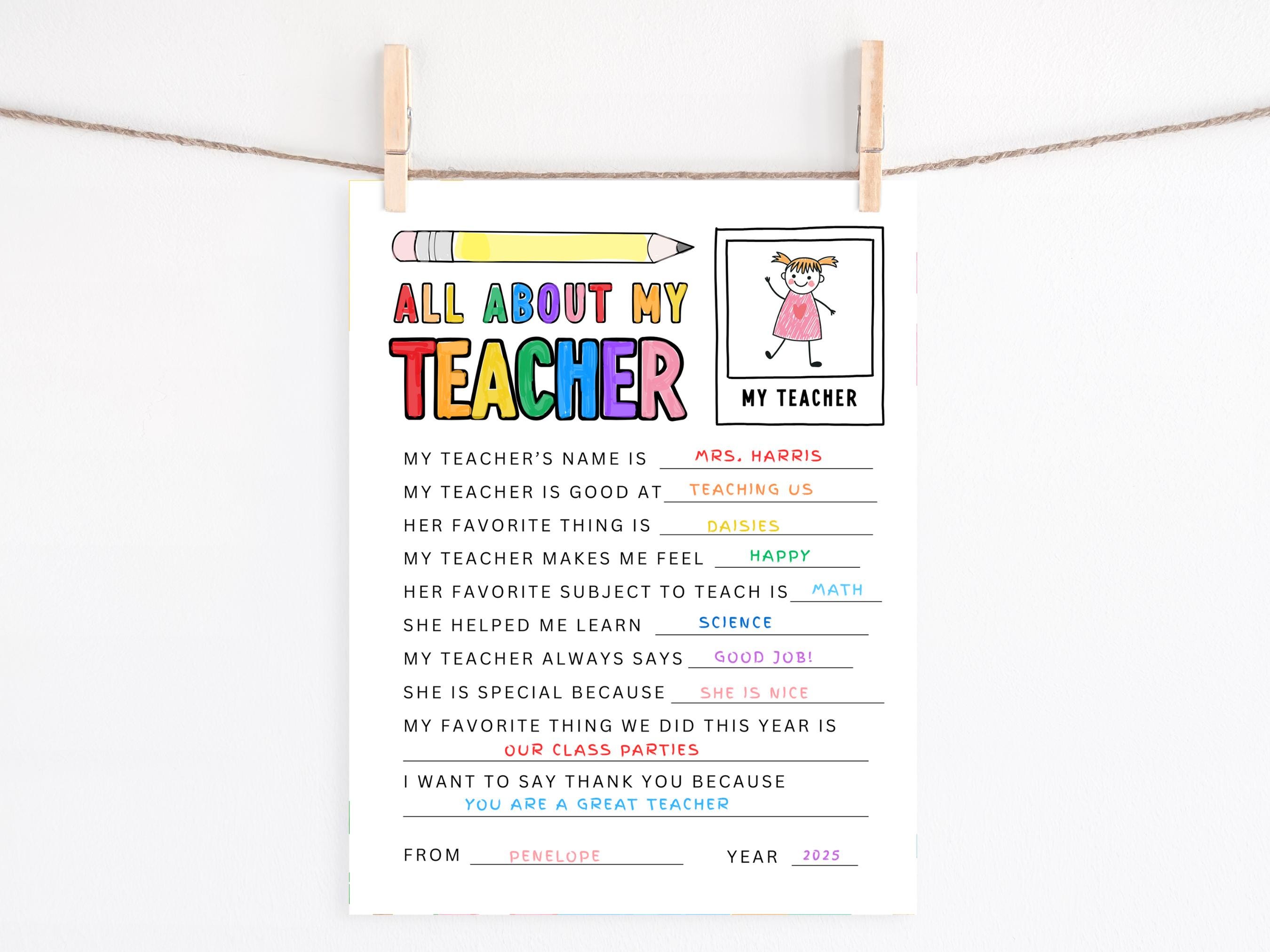 All About My Teacher Printable Coloring Page, Teacher Gift, Teacher ...