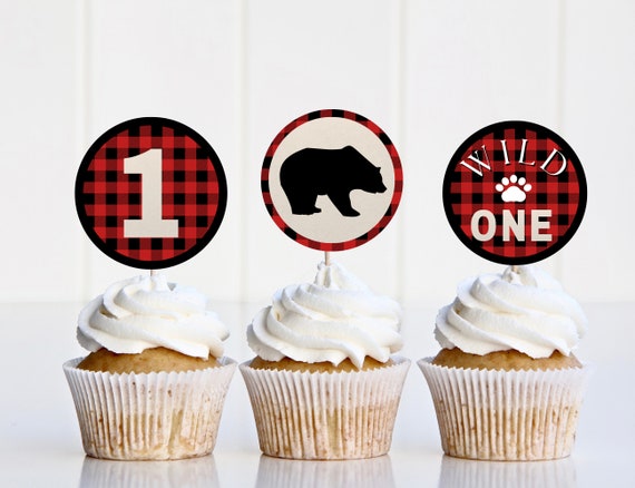 40 Holzfäller-Cupcake-Topper – Büffelkariert, Baby-Bär, Hirsch, Für Wald-Party, Camping, Geburtstag