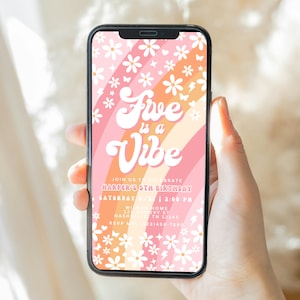 May include: A digital invitation for a 5th birthday party featuring a rainbow and daisy design. The text reads "Five is a Vibe" and includes the party details: date, time, location, and RSVP information.