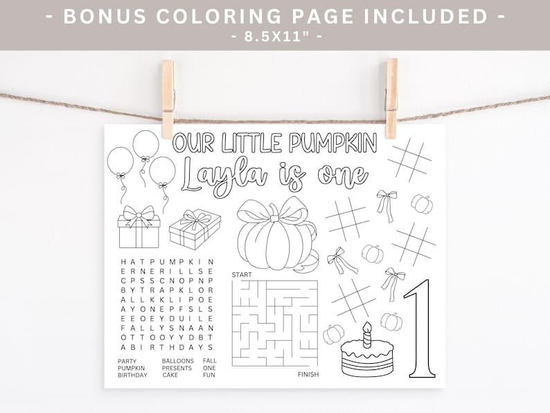 Puede incluir: P&aacute;gina para colorear en blanco y negro con el texto "OUR LITTLE PUMPKIN Layla is one". Incluye globos, regalos, una calabaza, un laberinto, tres en raya, lazos, calabazas, una tarta y el n&uacute;mero 1. La p&aacute;gina mide 21,6 x 27,9 cm.