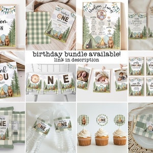 May include: Printable set of camping-themed party decorations for a first birthday. The set includes a welcome sign, thank you tags, a banner, cupcake toppers, water bottle labels, favour tags, and more. The decorations feature a green and brown colour scheme with a woodland animal theme.