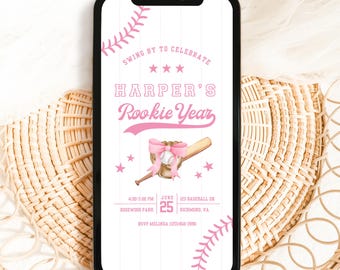 May include: A pink and white baseball-themed invitation for a party. The invitation says "Swing by to celebrate Harper's Rookie Year". The invitation includes a pink bow, a baseball, a baseball bat, and stars. The invitation also includes the date, time, and location of the party.