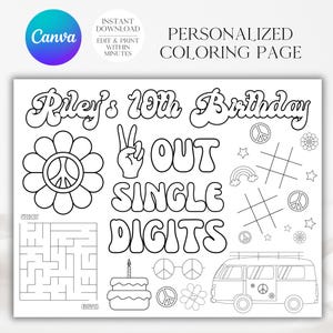 Könnte beinhalten: Eine Schwarzweiß-Malvorlage mit 70er-Jahre-Thema. Sie zeigt den Text "Riley's 10th Birthday", "Out Single Digits", Peace-Zeichen, einen Regenbogen, Sterne, einen Van, einen Kuchen und ein Labyrinth.
