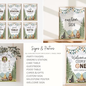 May include: Printable signs and posters for a woodland-themed first birthday party. The signs feature a bear, a campfire, a tent, and a woodland background. The signs include "Party Favors", "S'mores Station", "Cake Table", "Guestbook", "Food Table", "Cards & Gifts", "Custom Sign", "Milestone Poster", and "Welcome Sign".