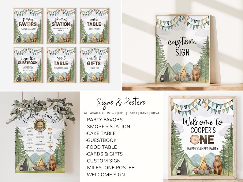 May include: Printable signs and posters for a woodland-themed first birthday party. The signs feature a bear, a campfire, a tent, and a woodland background. The signs include "Party Favors", "S'mores Station", "Cake Table", "Guestbook", "Food Table", "Cards & Gifts", "Custom Sign", "Milestone Poster", and "Welcome Sign".