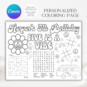 May include: A black and white coloring page with the text "Harper's 5th Birthday Five Is A Vibe" in a retro font. The page includes a peace sign, a rainbow, a van, a maze, and a word search.