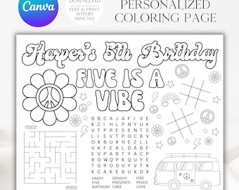 Five Is A Vibe målarbild, födelsedagsmålarbild, utskrivbar, direktnedladdning, redigerbar mall, retrofödelsedag, hippiefödelsedag, A142