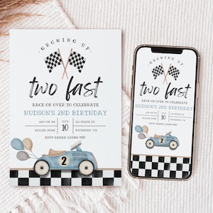 May include: A blue and white birthday invitation with a chequered flag design. The invitation says "Growing Up - Two Fast" and is for Hudson's 2nd birthday. The invitation includes the date, time, and location of the party.
