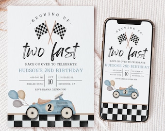 Racecar Birthday Invitation, Second Birthday, Car Birthday Invite, Two Fast Invitation, Racing Party Invite, Editable Invitation, A137