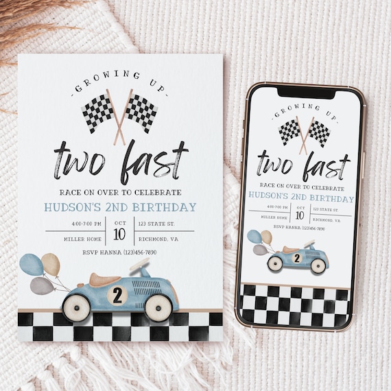 Racecar Birthday Invitation, Second Birthday, Car Birthday Invite, Two Fast Invitation, Racing Party Invite, Editable Invitation, A137
