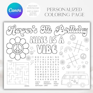 Groovy Birthday Activity Sheet, Nine Is A Vibe, 9th Birthday Party, Groovy Birthday, Party Games, Place Mat, Groovy Coloring Page
