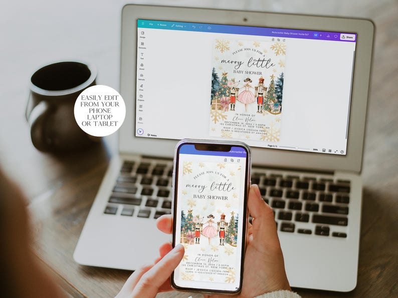May include: A digital mockup of a printable baby shower invitation featuring a Nutcracker theme. The invitation is decorated with snowflakes and gold glitter. The text on the invitation reads "Please join us for a merry little baby shower".