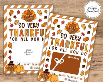 Printable Thanksgiving Gift Card Holder, Thankful For You, Teacher Appreciation, Thanksgiving Card, Teacher Gift, Thanksgiving Card, A157