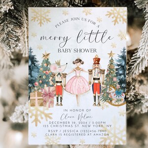 May include: A baby shower invitation featuring a watercolour illustration of a ballerina, a nutcracker, and a mouse. The invitation is decorated with snowflakes and the text "Please join us for a merry little baby shower".