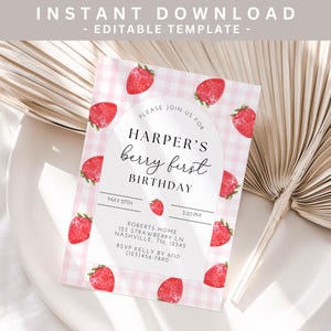 May include: A pink and white gingham patterned printable birthday invitation with a white circle containing the text "Harper's berry first birthday" and the date "May 27th". The invitation is decorated with red watercolor strawberries.
