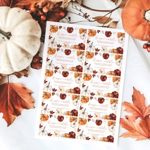 May include: A sheet of diaper raffle tickets with a fall theme. The tickets feature watercolor pumpkins in orange, white, and burgundy, with text that reads "diaper raffle". The scene includes pumpkins and fall leaves.
