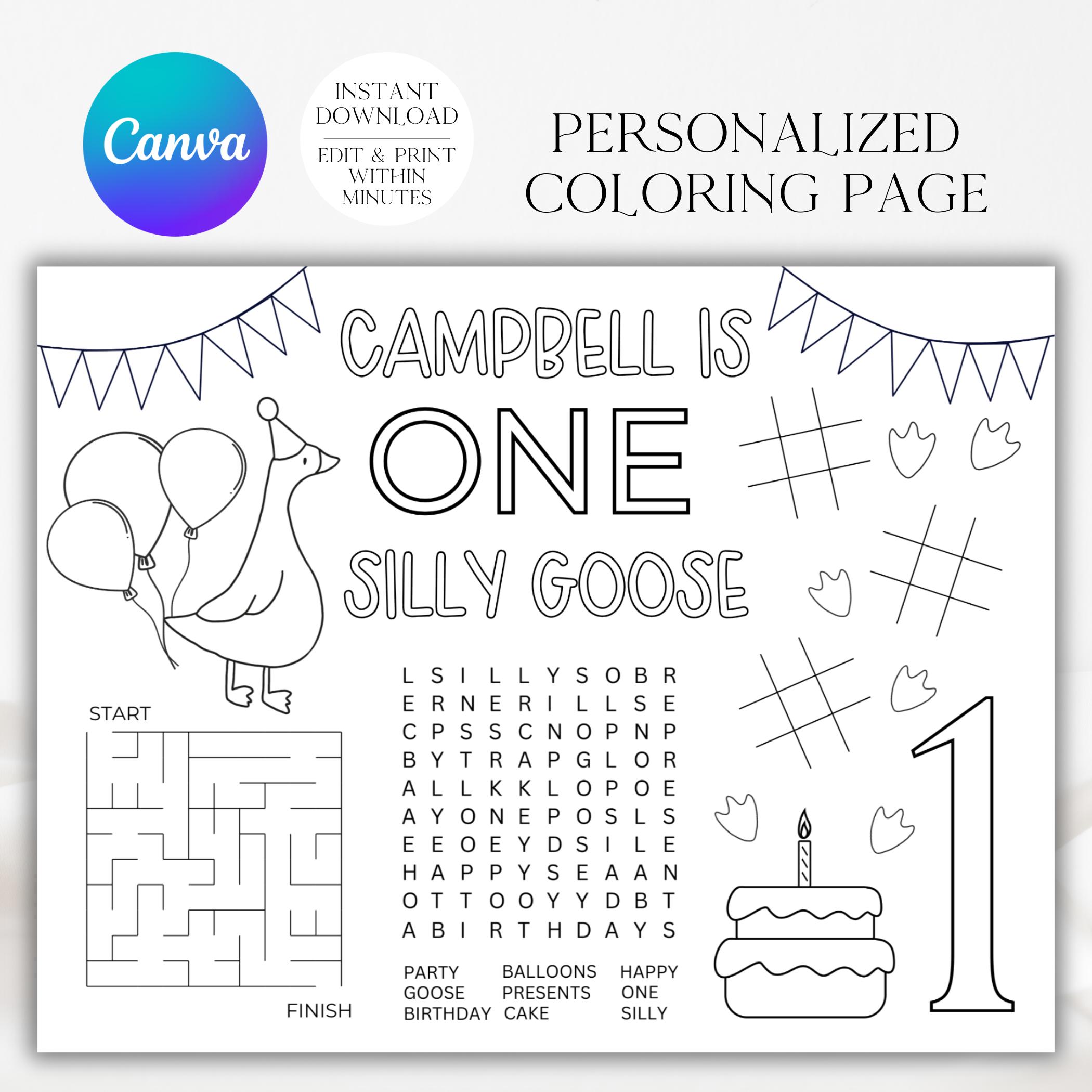 One Silly Goose Coloring Page, One Silly Goose Birthday, Goose Birthday Party, Goose Coloring Page, Coloring Sheet, Activity Sheet, A161